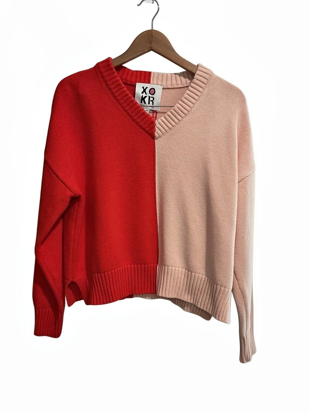 Kerri Rosenthal XOKR Color Block Cotton Sweater in Red & Pink Size Medium Preppy